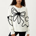 Anna-Kaci Women's Long Sleeve Knit Sweater with Oversized Bow Embroidery and Ribbed Trim