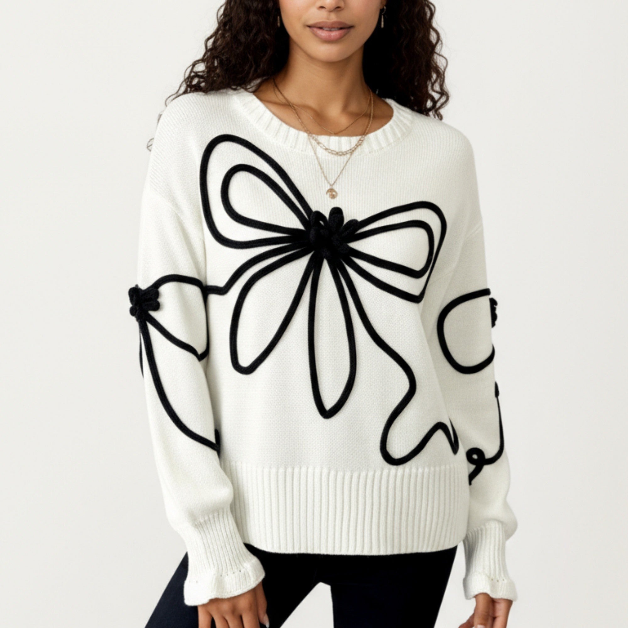 Anna-Kaci Women's Long Sleeve Knit Sweater with Oversized Bow Embroidery and Ribbed Trim