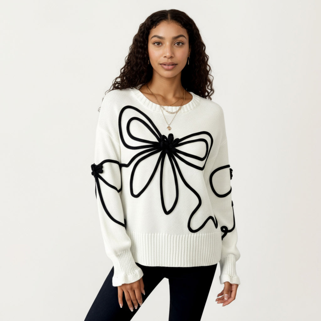 Anna-Kaci Women's Long Sleeve Knit Sweater with Oversized Bow Embroidery and Ribbed Trim