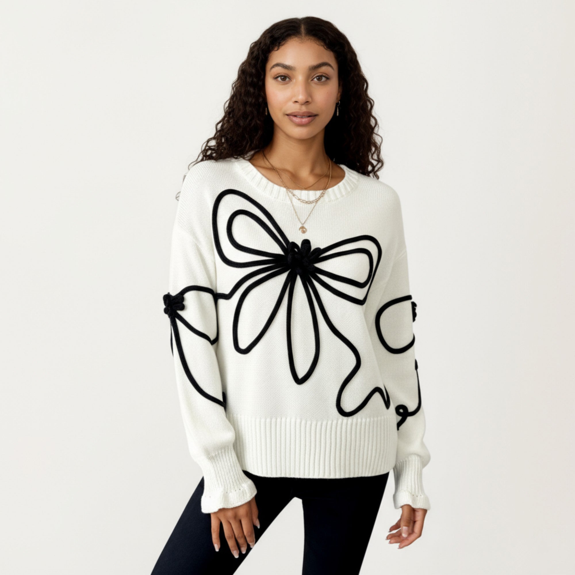 Anna-Kaci Women's Long Sleeve Knit Sweater with Oversized Bow Embroidery and Ribbed Trim