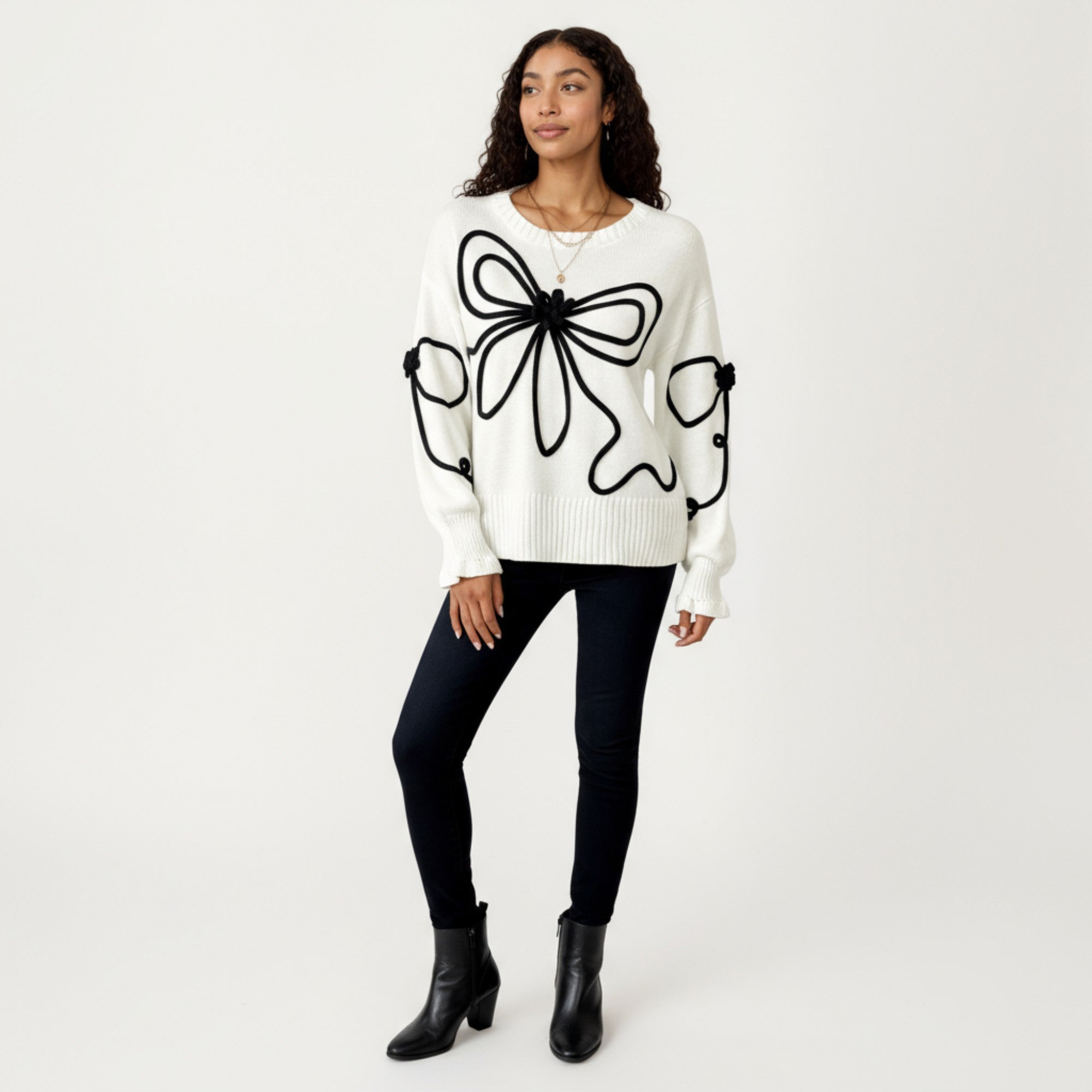 Anna-Kaci Women's Long Sleeve Knit Sweater with Oversized Bow Embroidery and Ribbed Trim