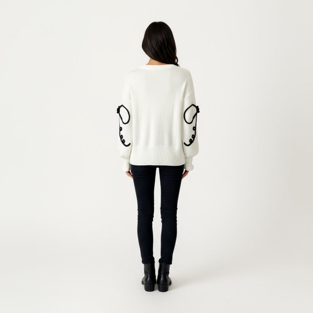 Anna-Kaci Women's Long Sleeve Knit Sweater with Oversized Bow Embroidery and Ribbed Trim