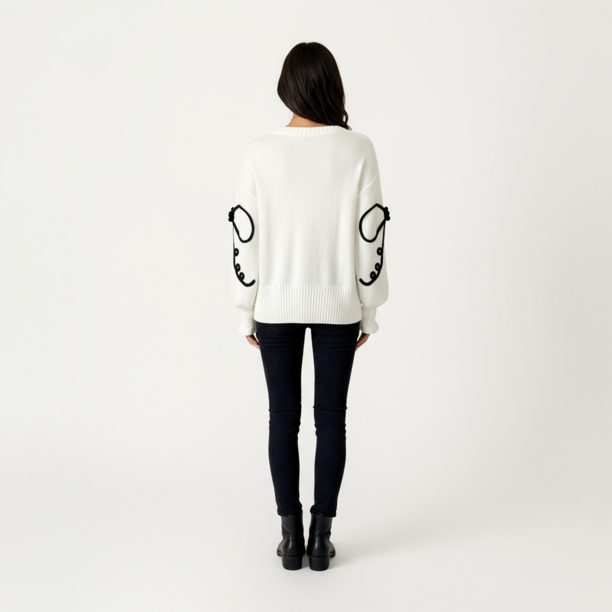 Anna-Kaci Women's Long Sleeve Knit Sweater with Oversized Bow Embroidery and Ribbed Trim