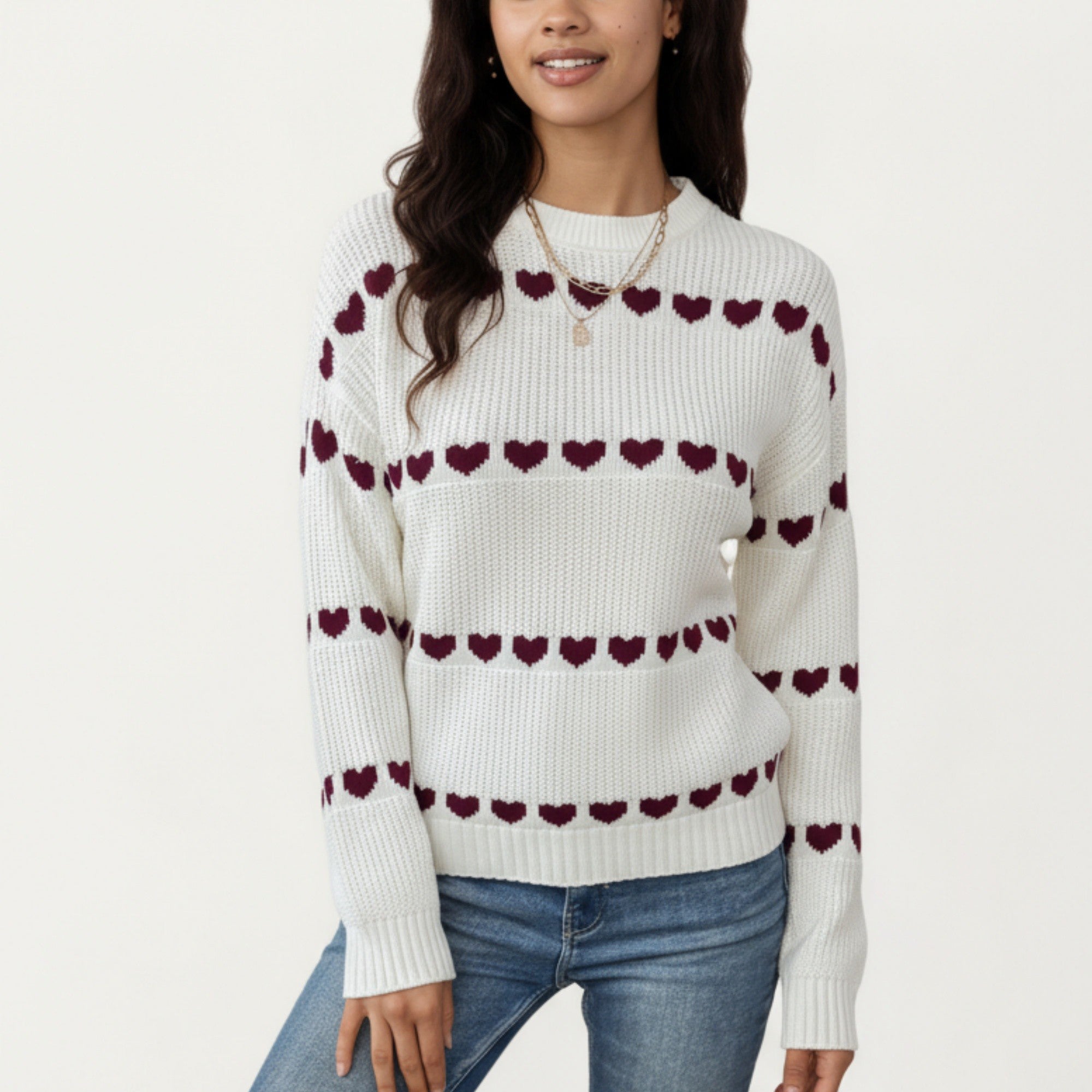 Anna-Kaci Women's Long Sleeve Knit Sweater with Heart Pattern and Ribbed Trim