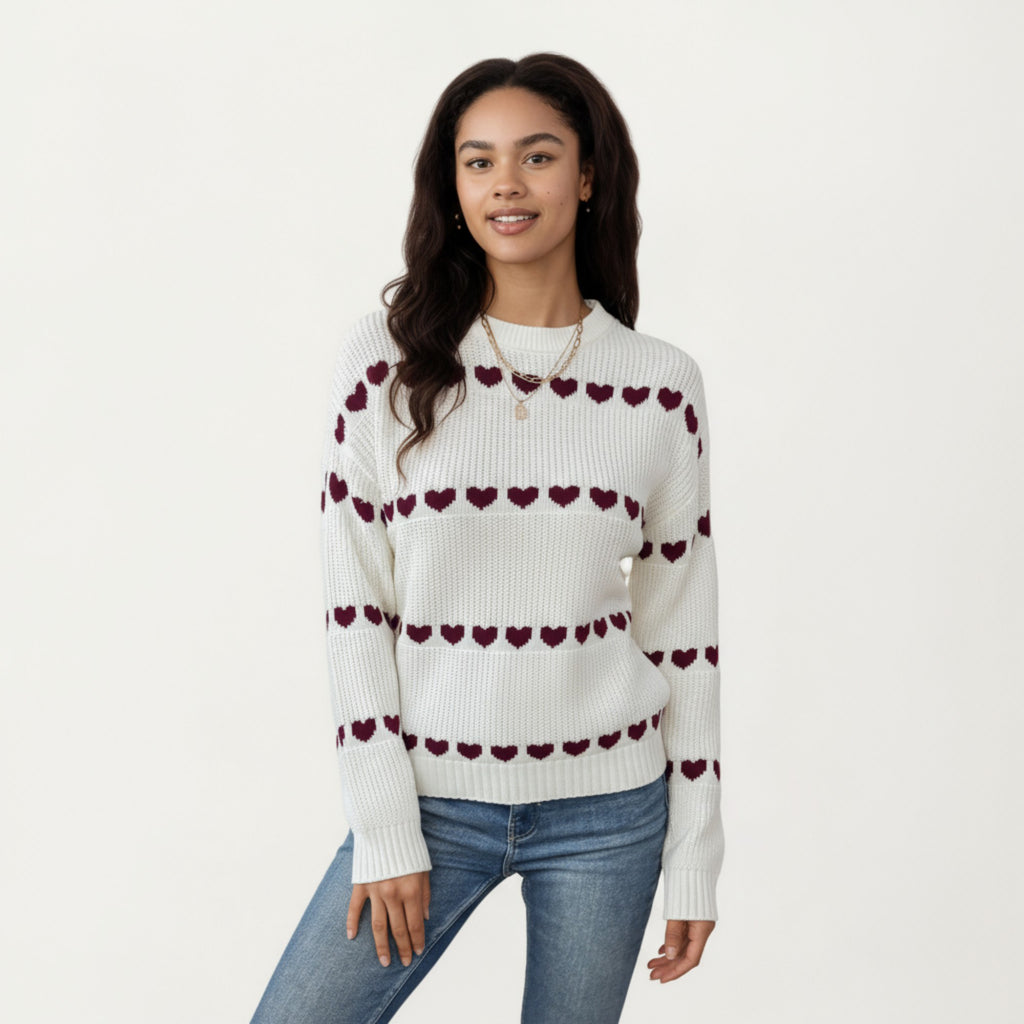Anna-Kaci Women's Long Sleeve Knit Sweater with Heart Pattern and Ribbed Trim