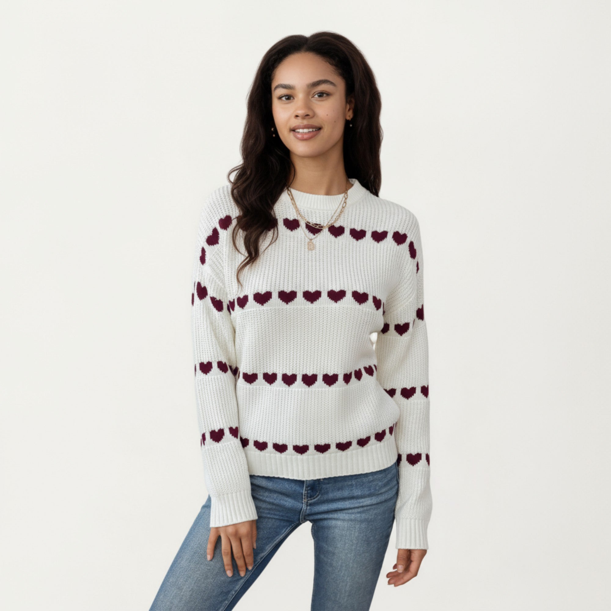 Anna-Kaci Women's Long Sleeve Knit Sweater with Heart Pattern and Ribbed Trim