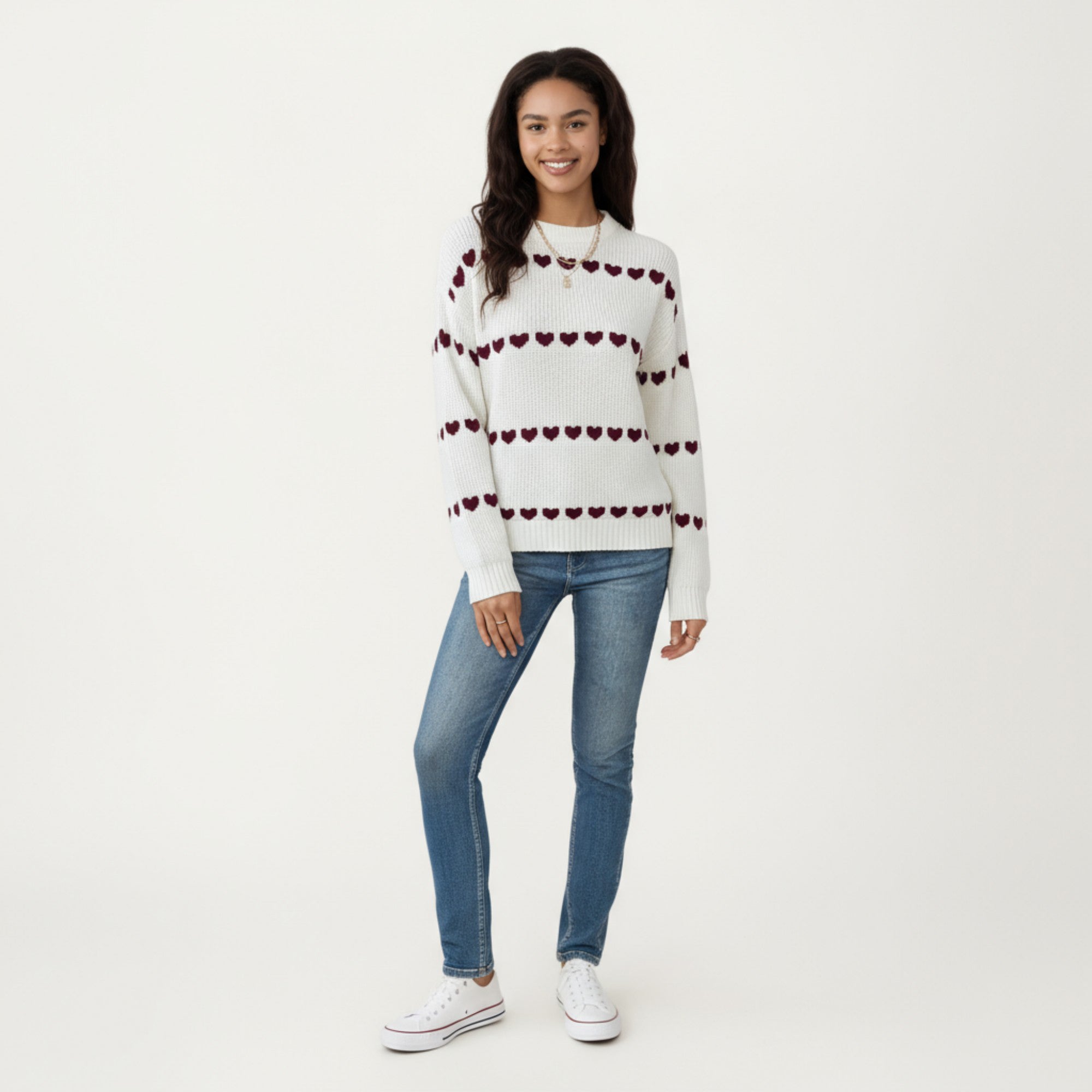 Anna-Kaci Women's Long Sleeve Knit Sweater with Heart Pattern and Ribbed Trim