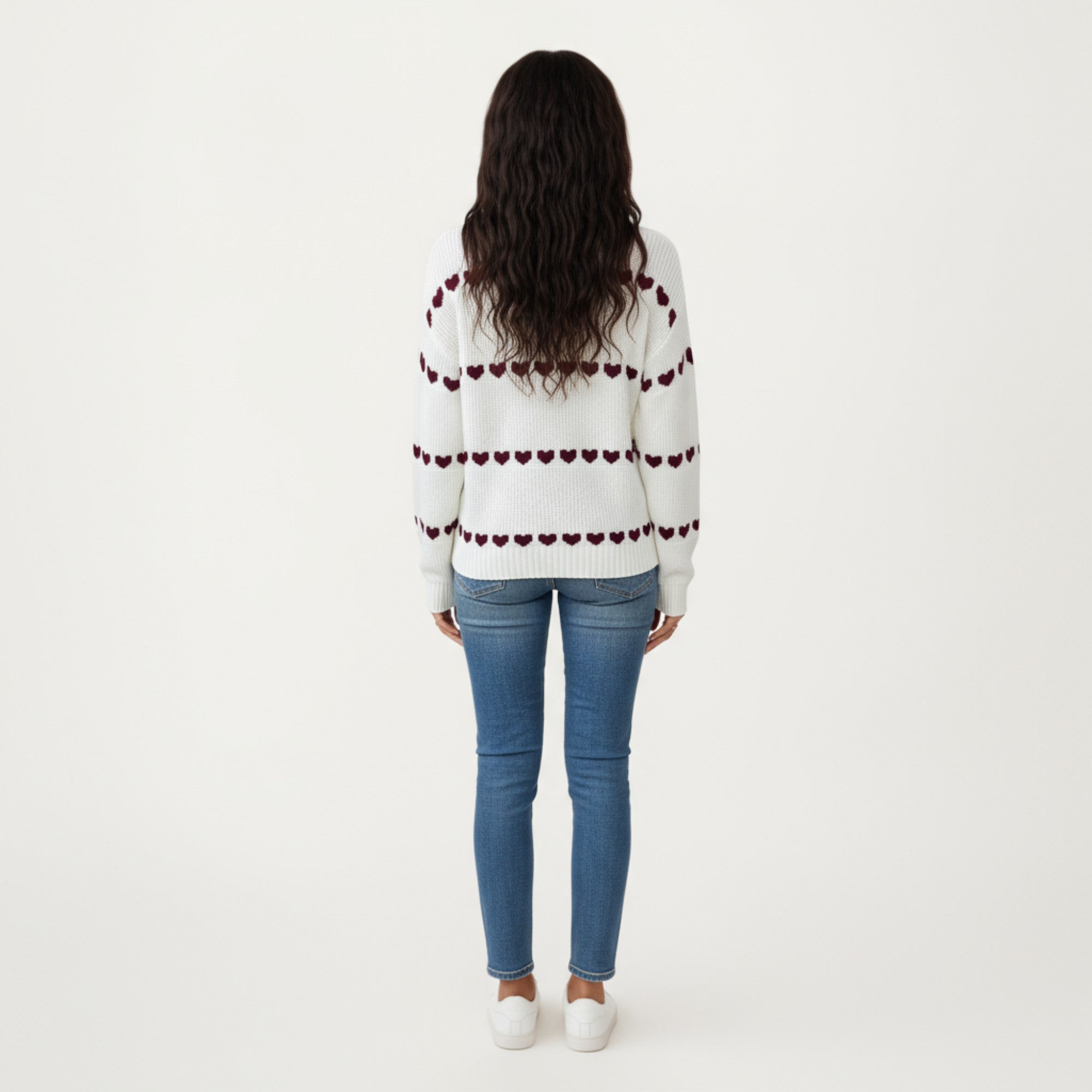 Anna-Kaci Women's Long Sleeve Knit Sweater with Heart Pattern and Ribbed Trim