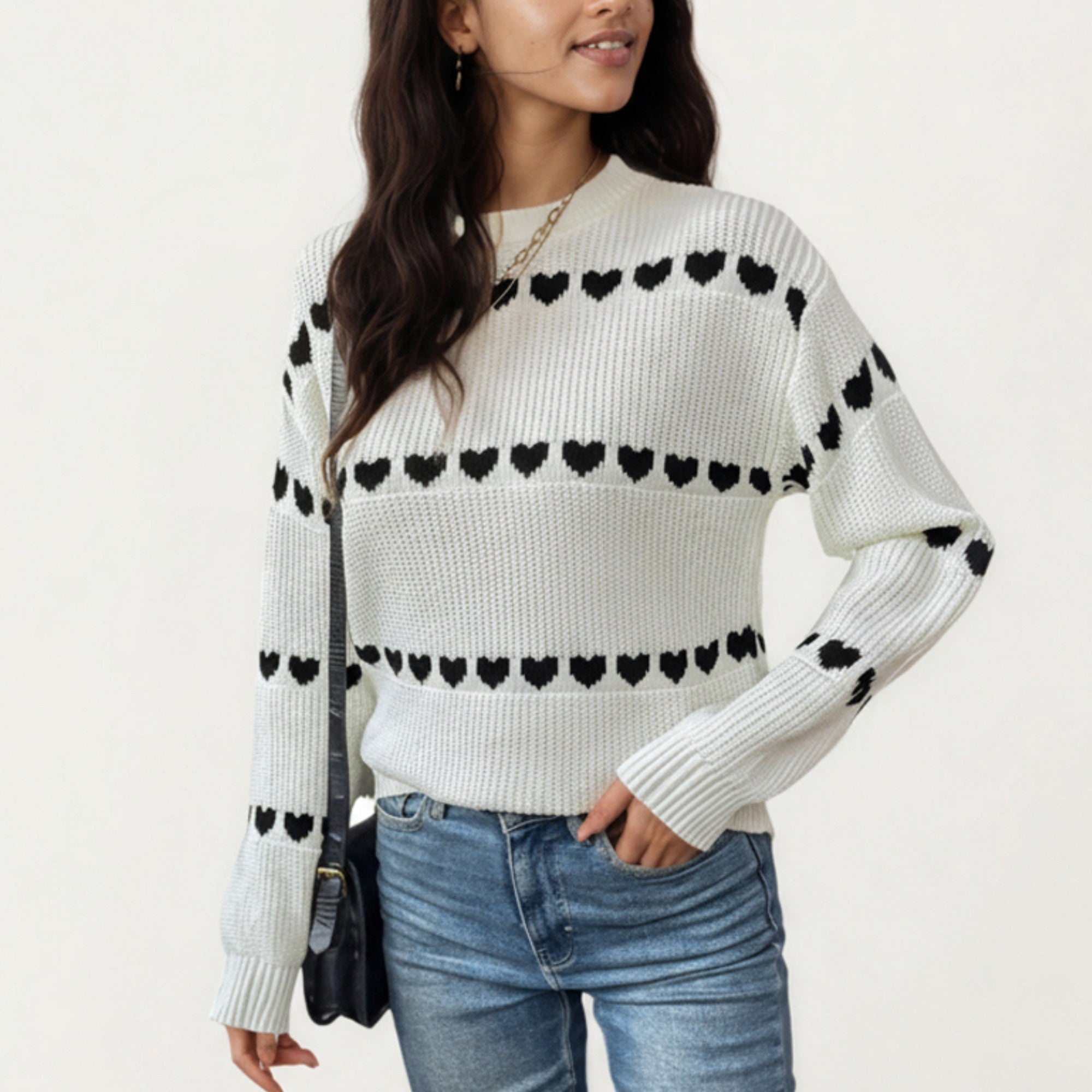 Anna-Kaci Women's Long Sleeve Knit Sweater with Heart Pattern and Ribbed Trim