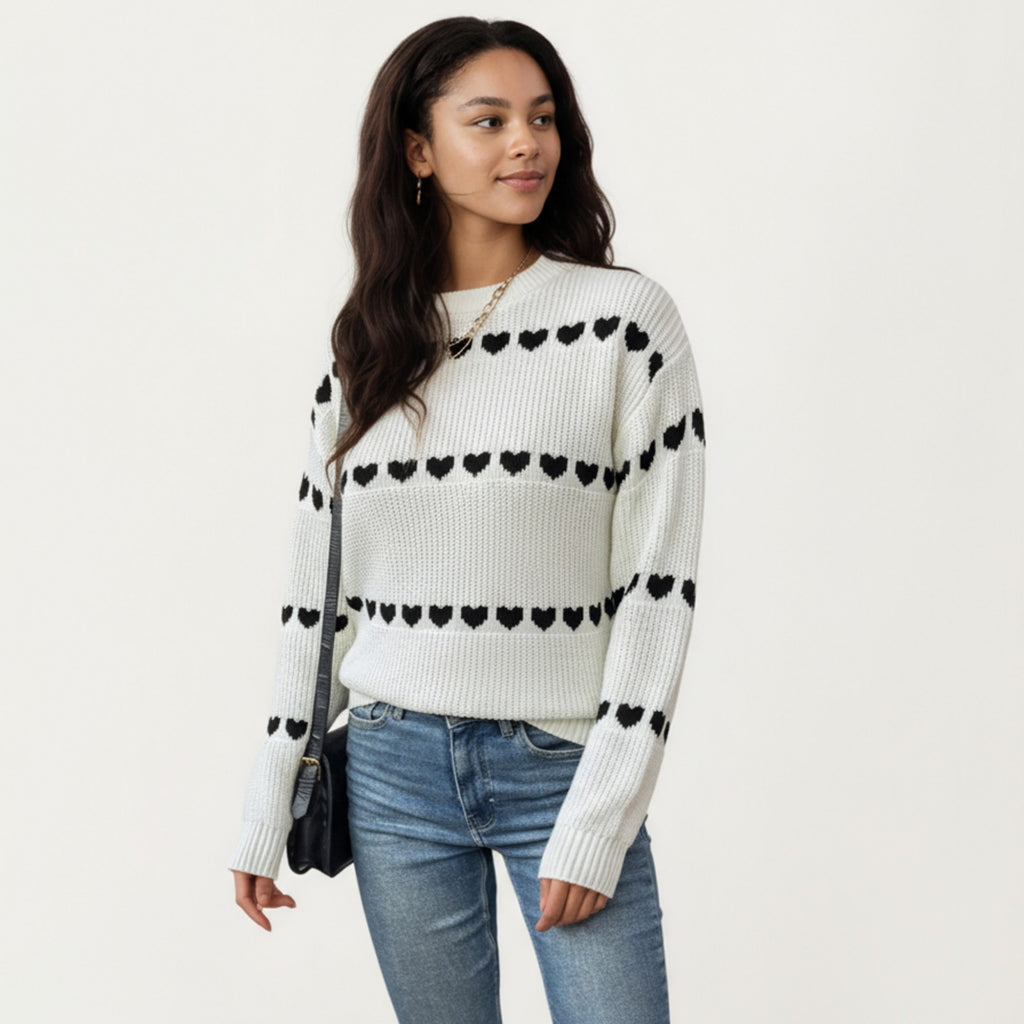 Anna-Kaci Women's Long Sleeve Knit Sweater with Heart Pattern and Ribbed Trim