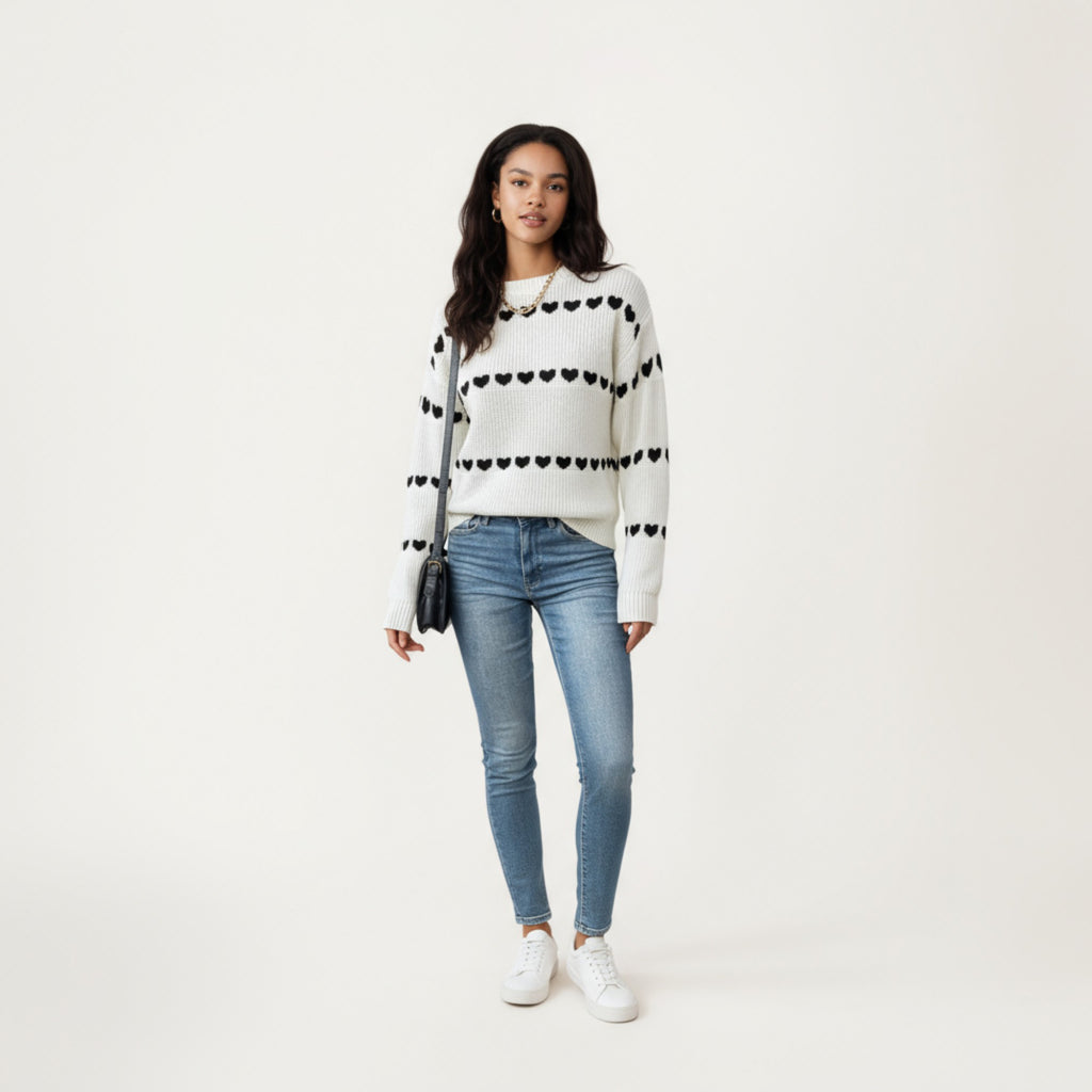 Anna-Kaci Women's Long Sleeve Knit Sweater with Heart Pattern and Ribbed Trim