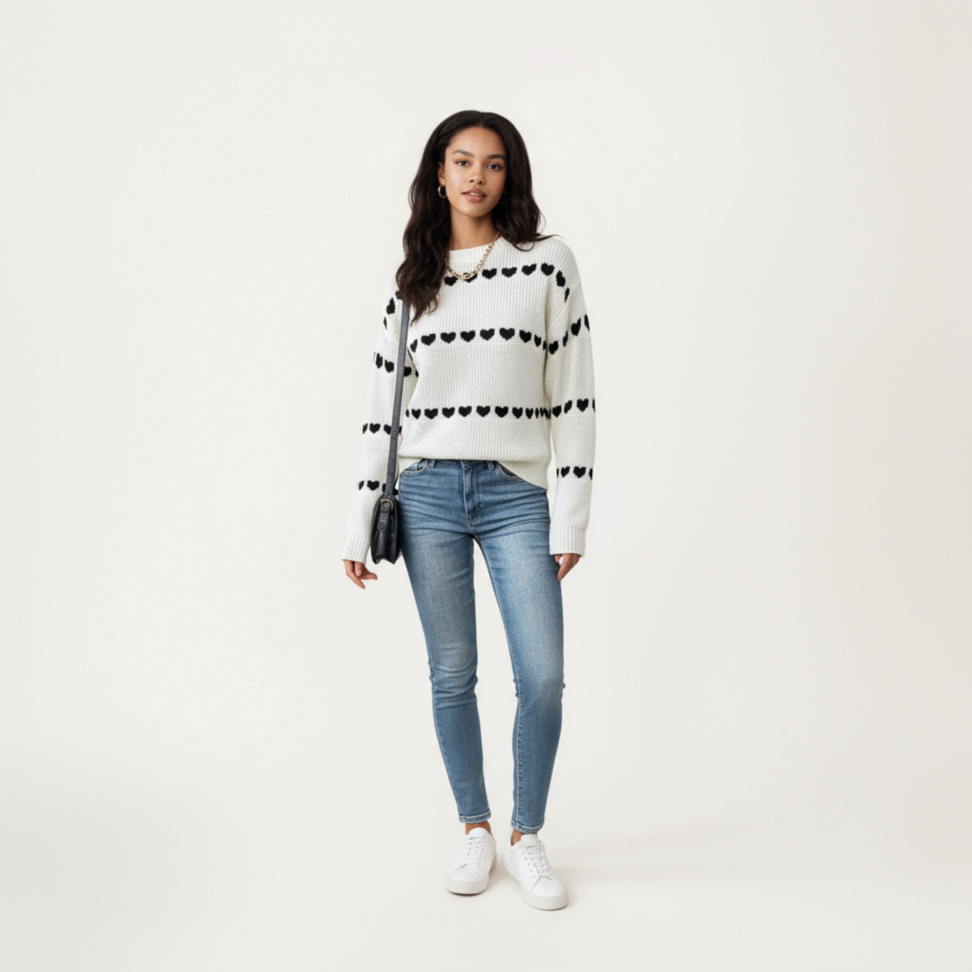 Anna-Kaci Women's Long Sleeve Knit Sweater with Heart Pattern and Ribbed Trim