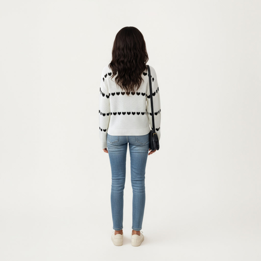 Anna-Kaci Women's Long Sleeve Knit Sweater with Heart Pattern and Ribbed Trim