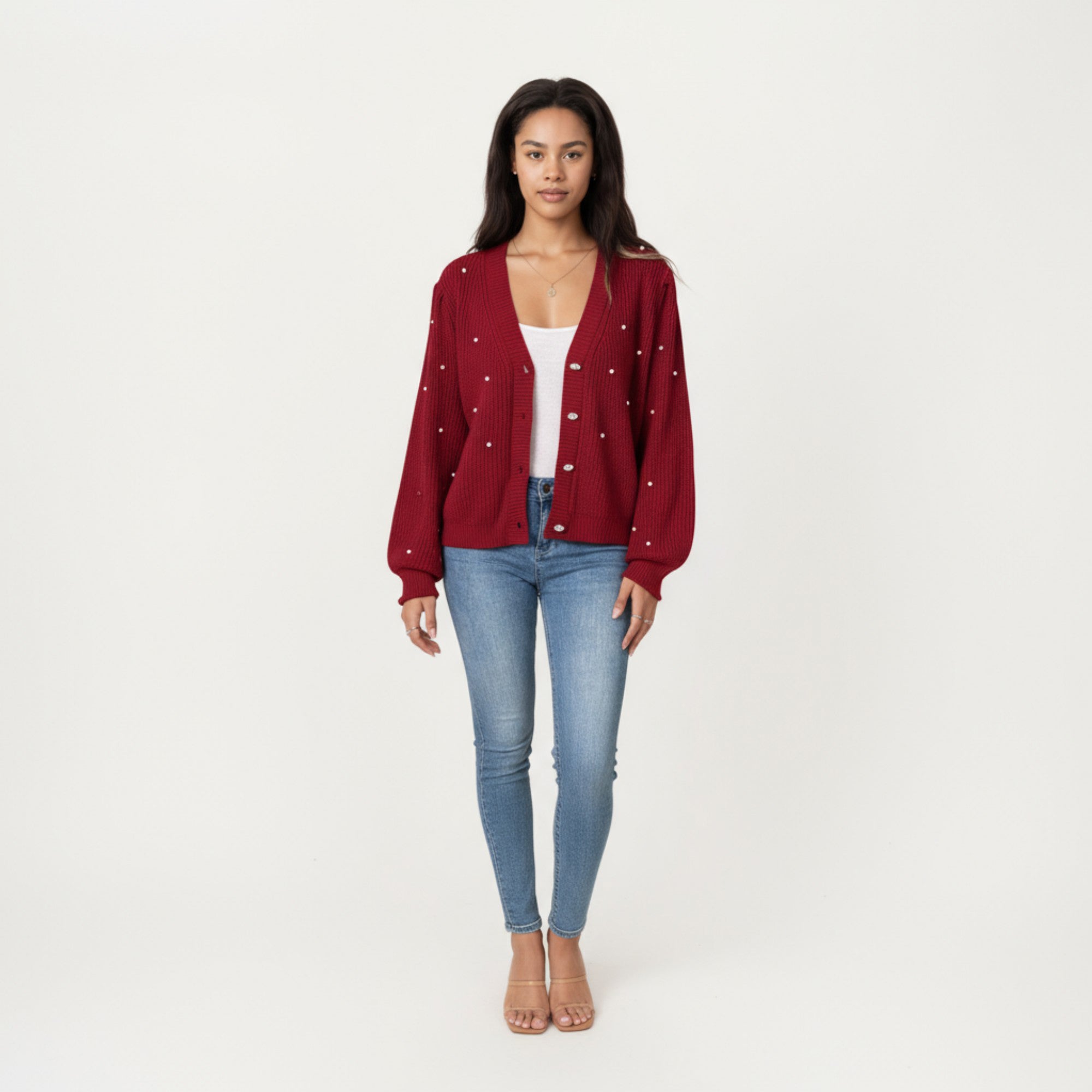 Anna-Kaci Women's Long Sleeve Button-Up Knit Cardigan with Faux Pearl Embellishments and Ribbed Hem