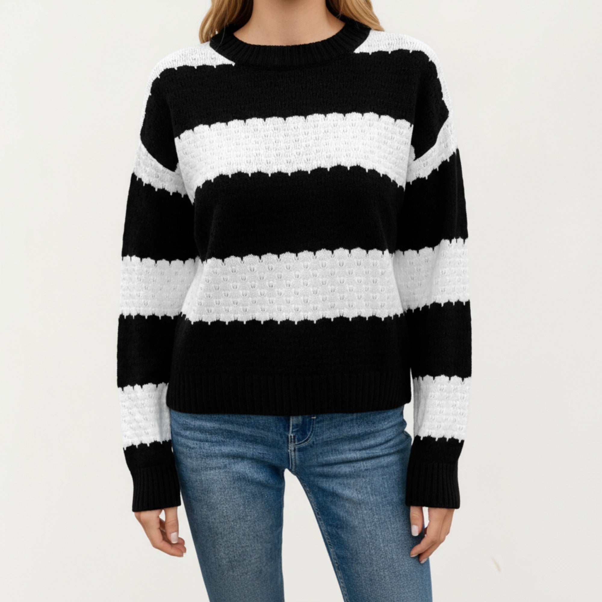 Anna-Kaci Women's Long Sleeve Knit Sweater with Bold Horizontal Stripes and Ribbed Trim