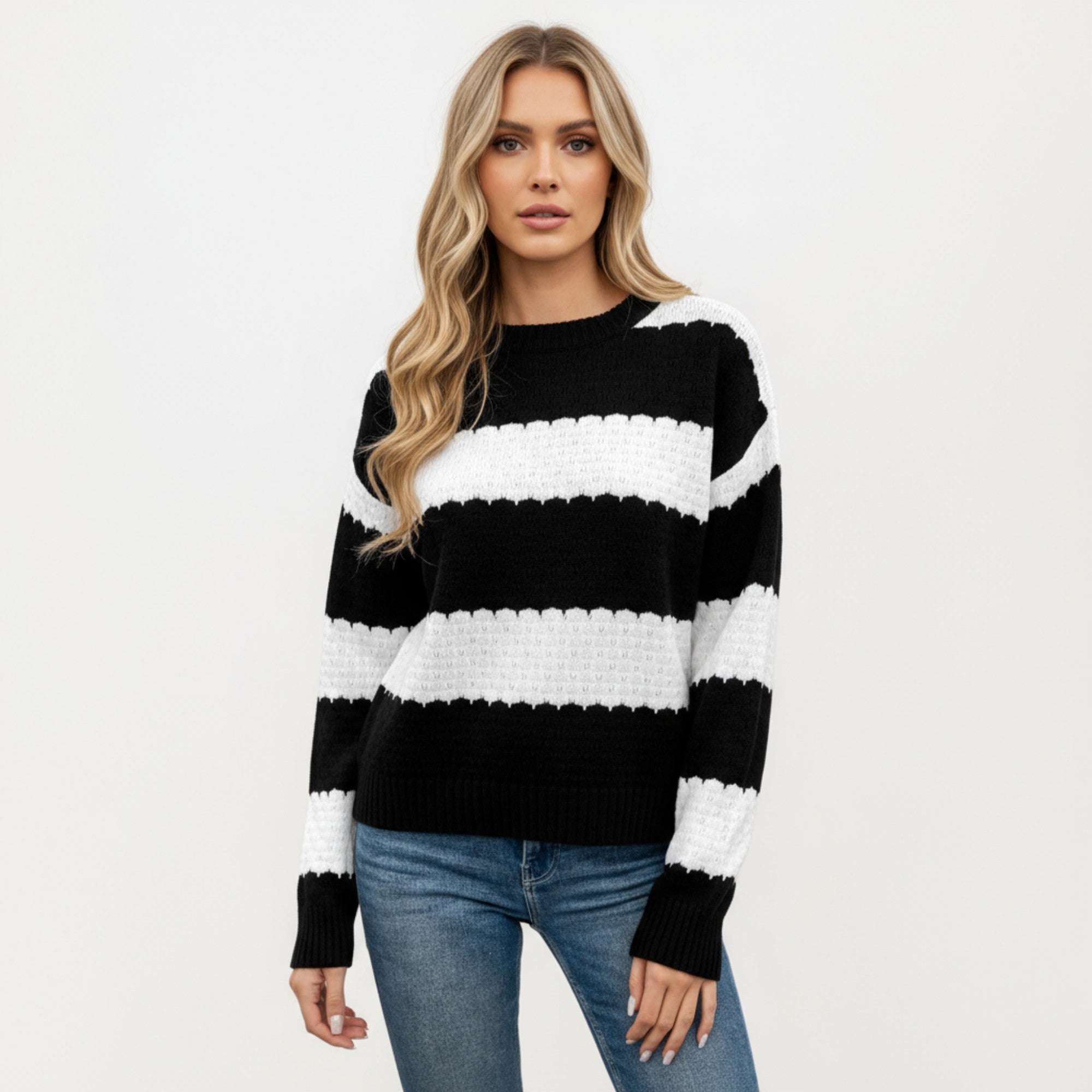 Anna-Kaci Women's Long Sleeve Knit Sweater with Bold Horizontal Stripes and Ribbed Trim