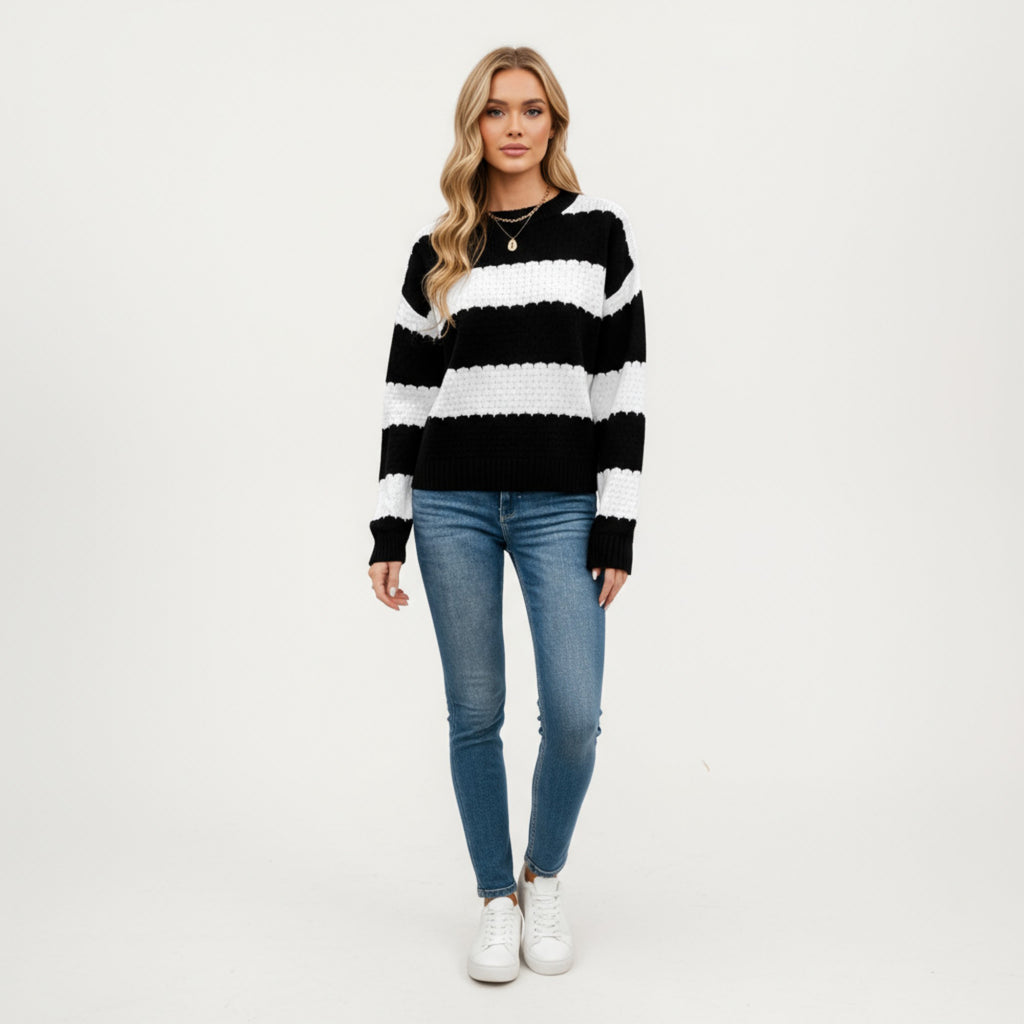 Anna-Kaci Women's Long Sleeve Knit Sweater with Bold Horizontal Stripes and Ribbed Trim