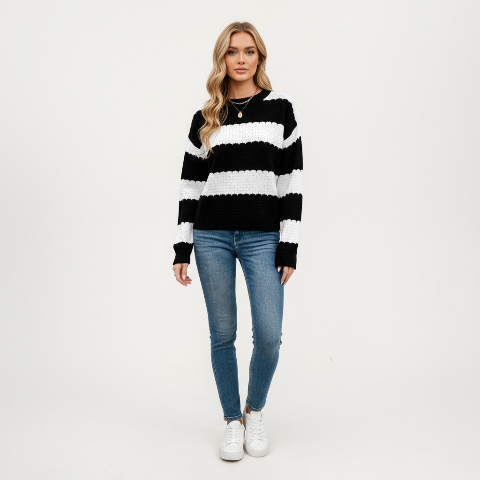 Anna-Kaci Women's Long Sleeve Knit Sweater with Bold Horizontal Stripes and Ribbed Trim