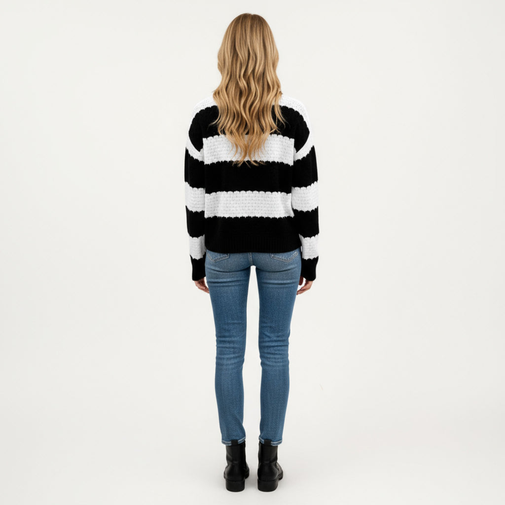 Anna-Kaci Women's Long Sleeve Knit Sweater with Bold Horizontal Stripes and Ribbed Trim