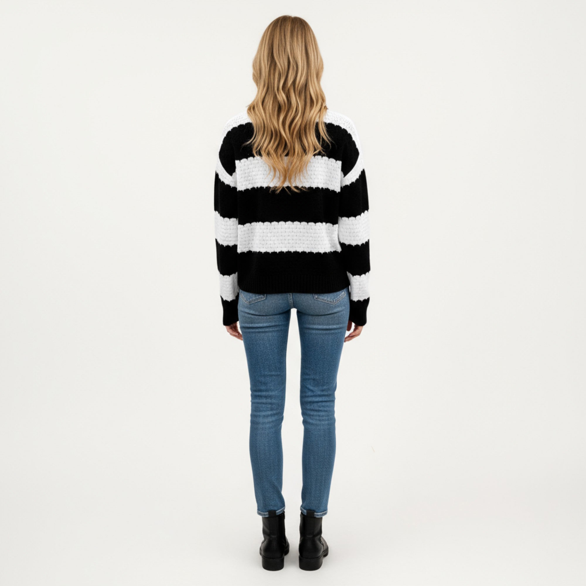 Anna-Kaci Women's Long Sleeve Knit Sweater with Bold Horizontal Stripes and Ribbed Trim