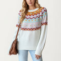 Anna-Kaci Women's Long Sleeve Knit Sweater with Geometric Pattern and Ribbed Hem Detail