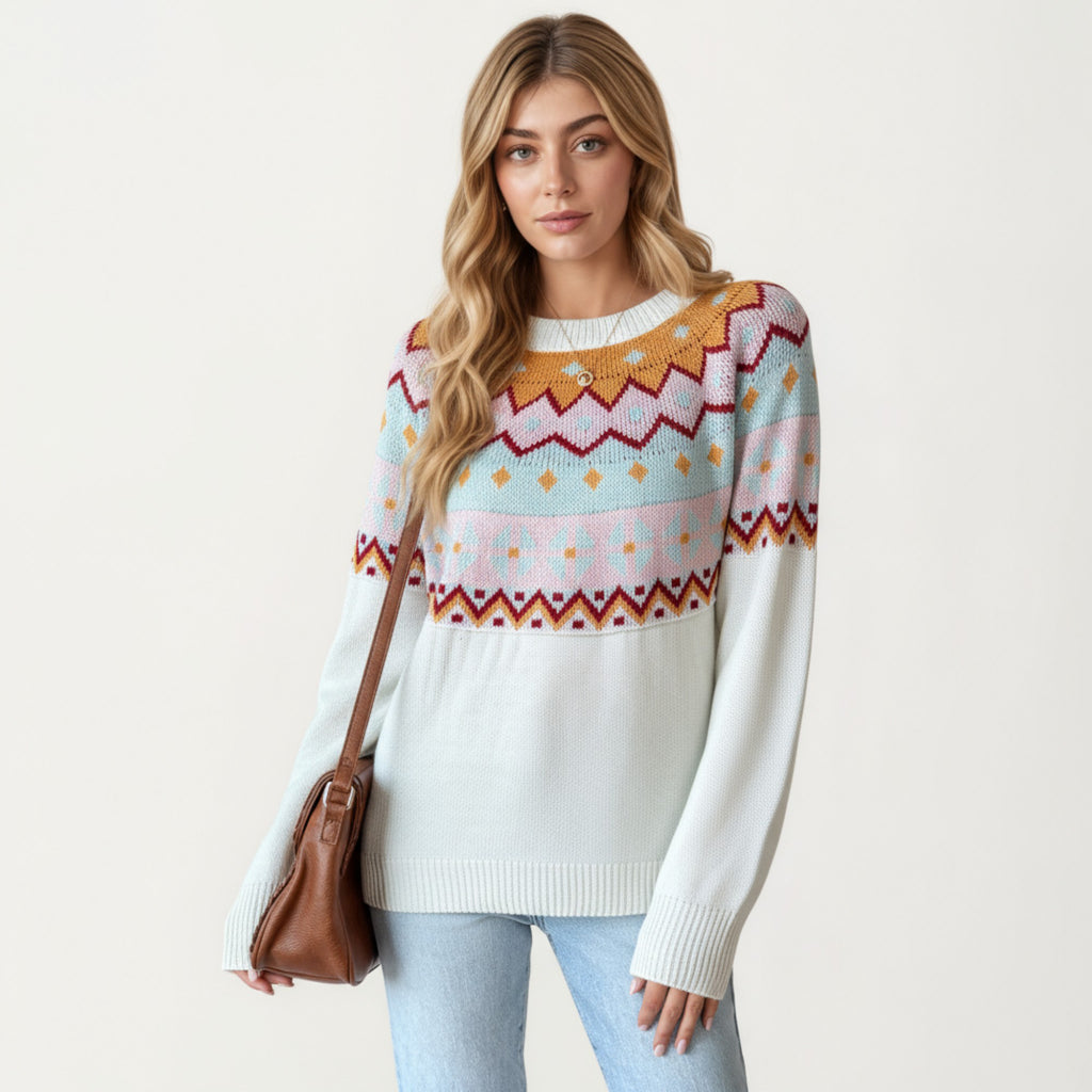Anna-Kaci Women's Long Sleeve Knit Sweater with Geometric Pattern and Ribbed Hem Detail