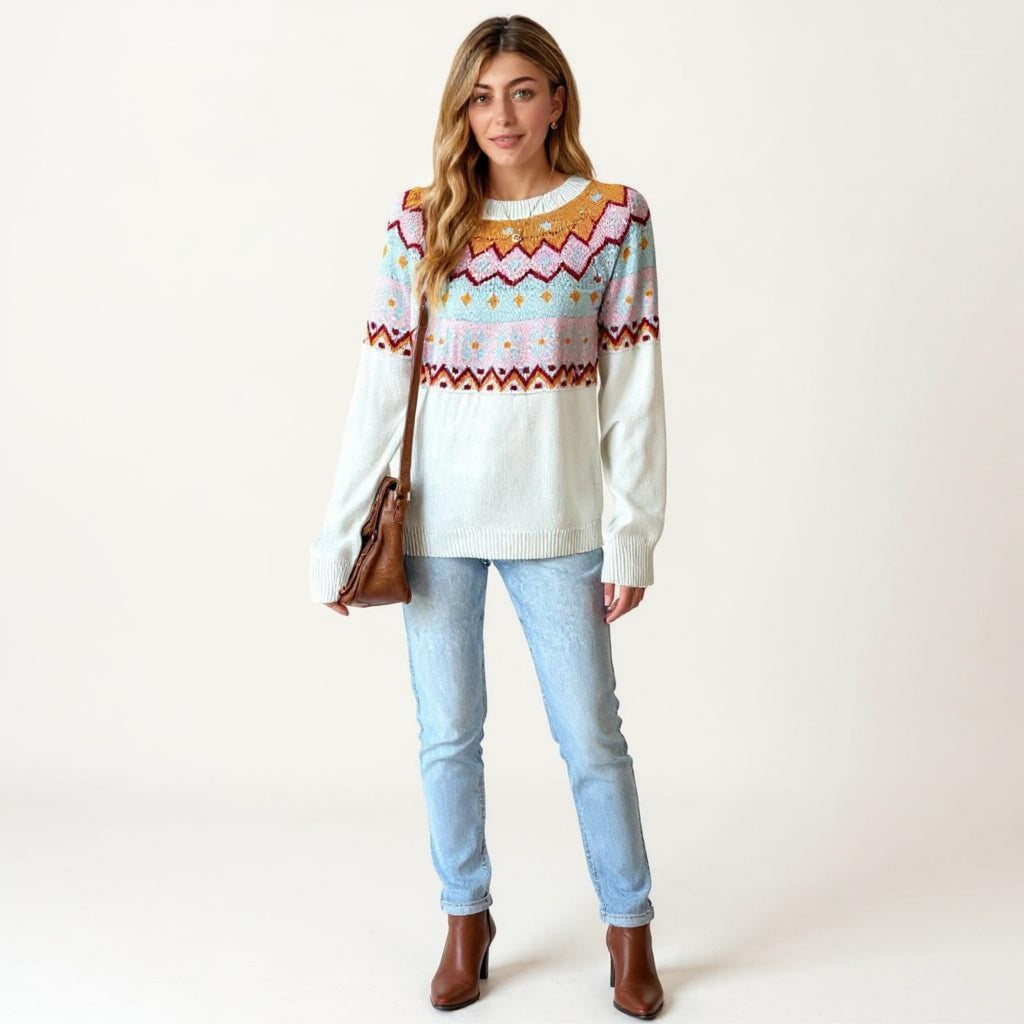 Anna-Kaci Women's Long Sleeve Knit Sweater with Geometric Pattern and Ribbed Hem Detail