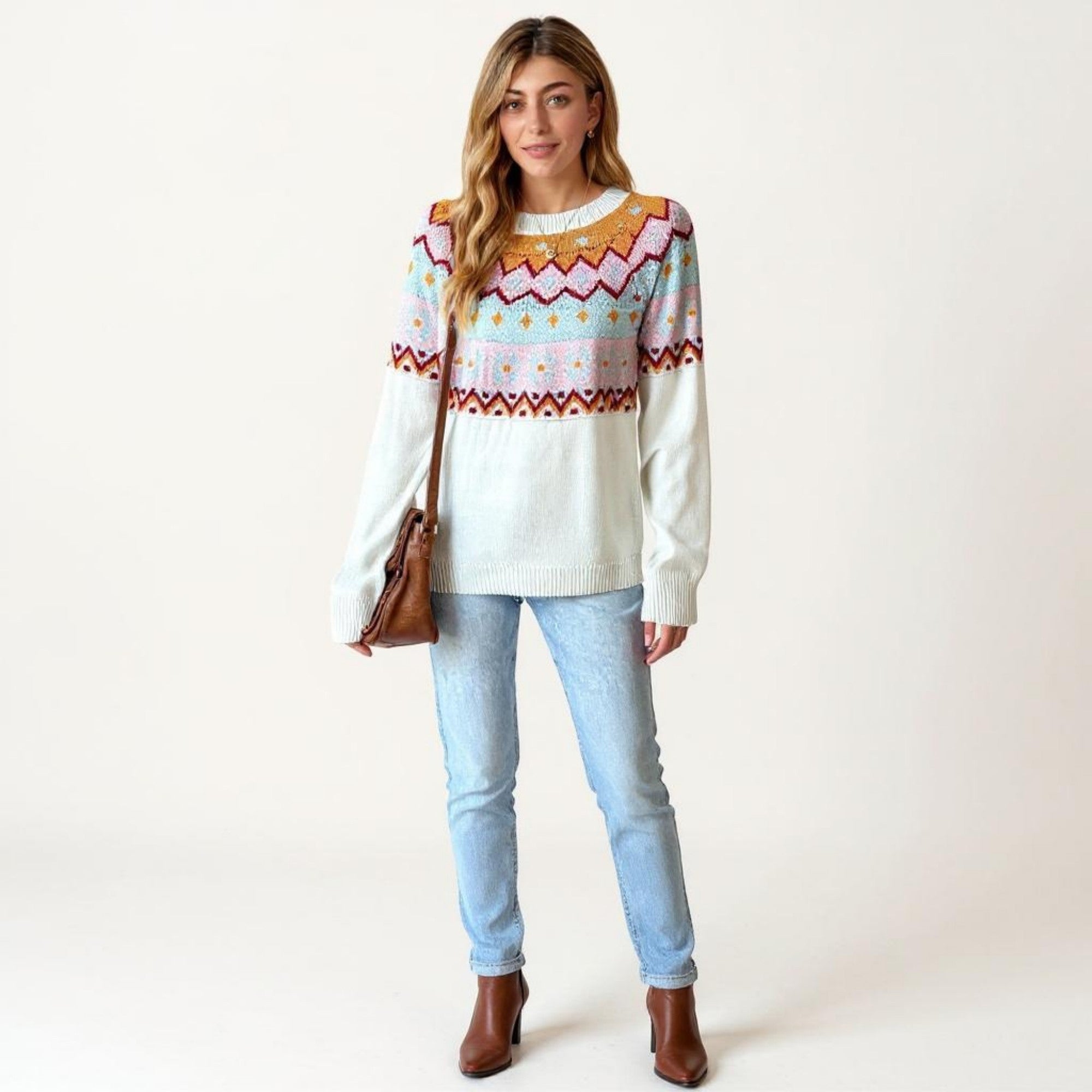 Anna-Kaci Women's Long Sleeve Knit Sweater with Geometric Pattern and Ribbed Hem Detail