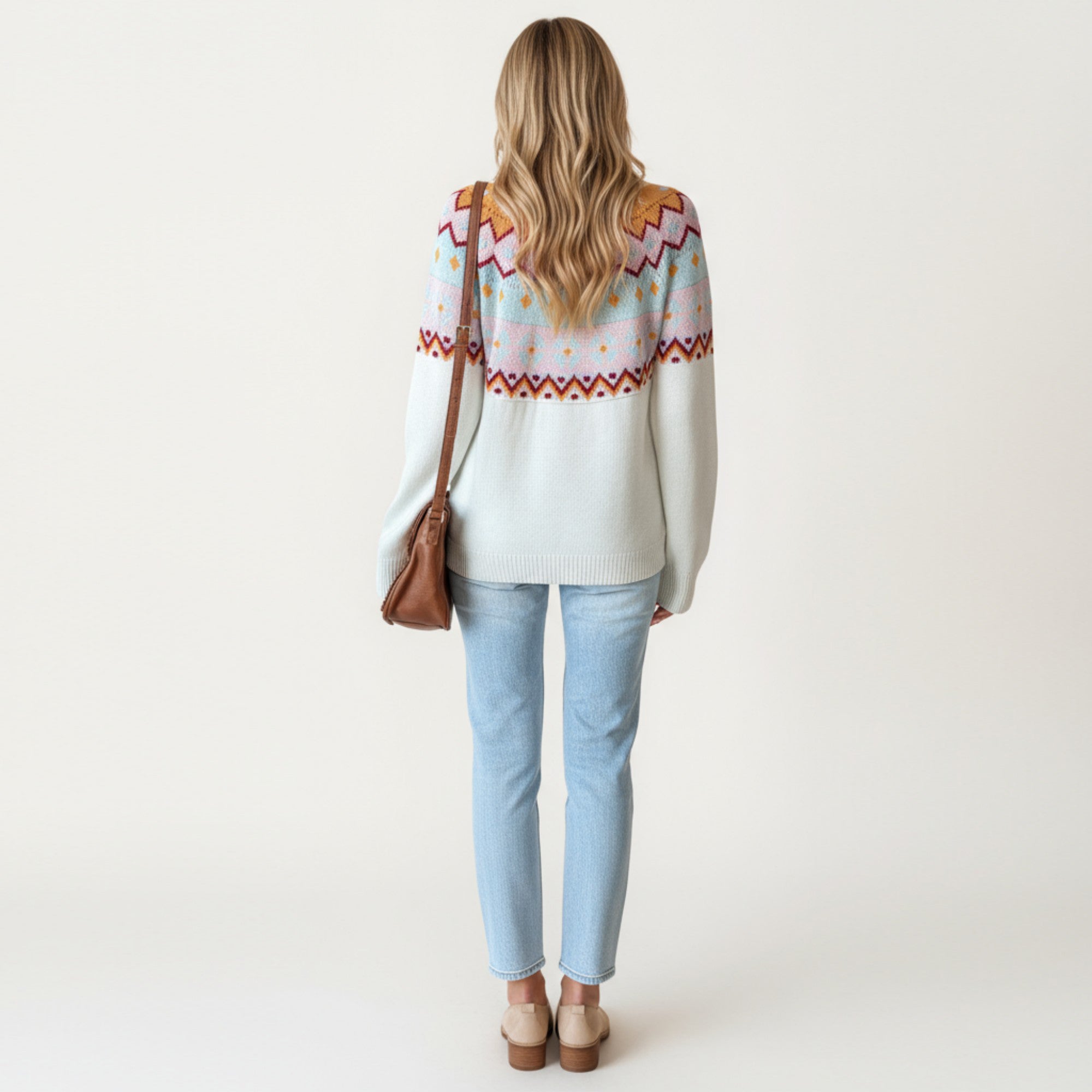 Anna-Kaci Women's Long Sleeve Knit Sweater with Geometric Pattern and Ribbed Hem Detail