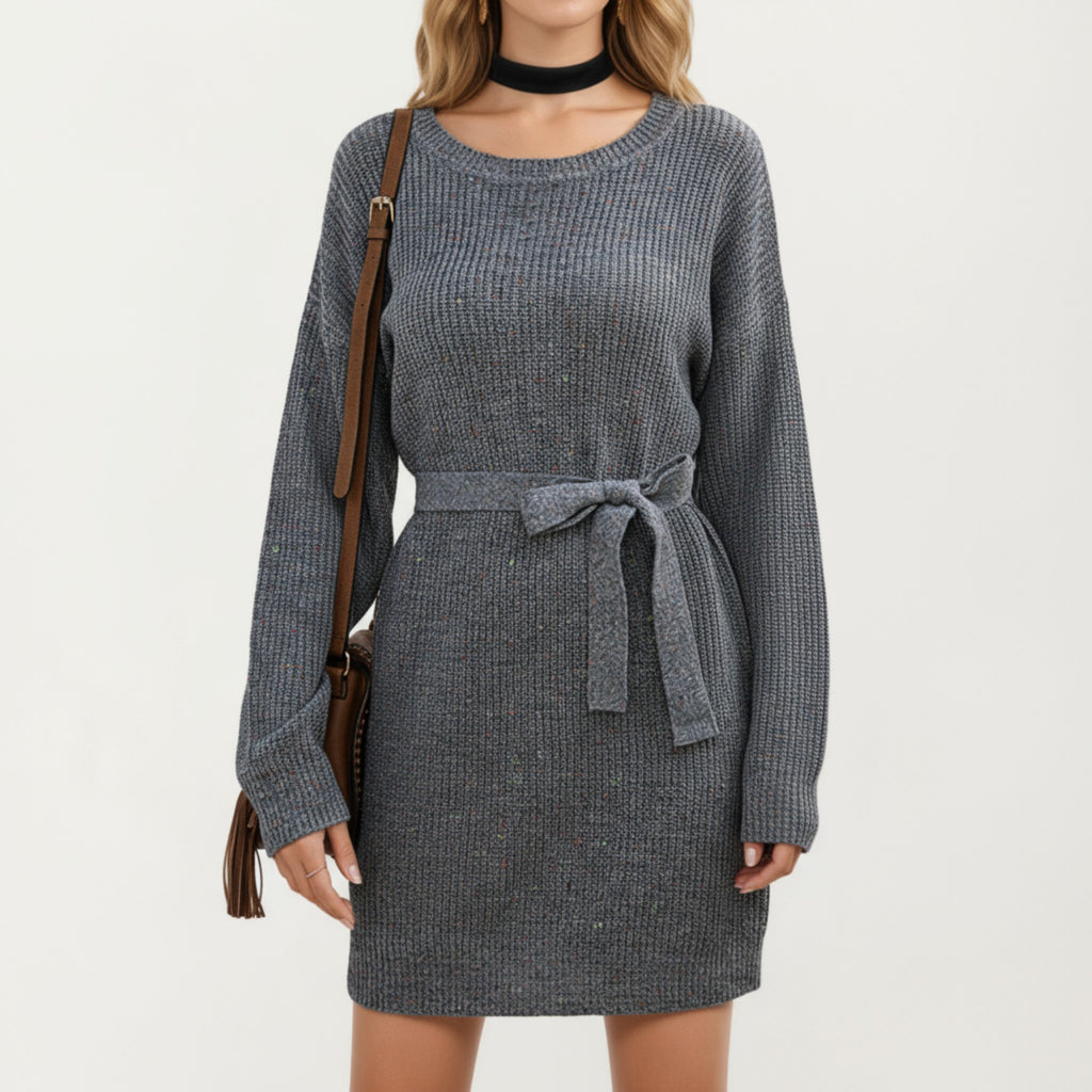 Anna-Kaci Women's Long Sleeve Knit Sweater Dress with Waist Tie Belt and Ribbed Texture