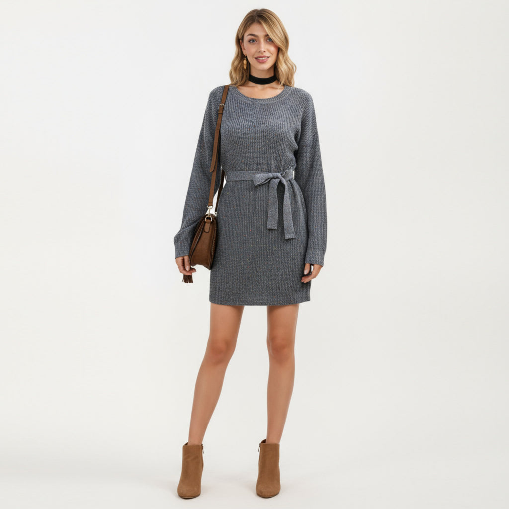 Anna-Kaci Women's Long Sleeve Knit Sweater Dress with Waist Tie Belt and Ribbed Texture