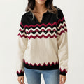 Anna-Kaci Women's Long Sleeve Knit Sweater with Chevron Pattern and Split Collar Detail