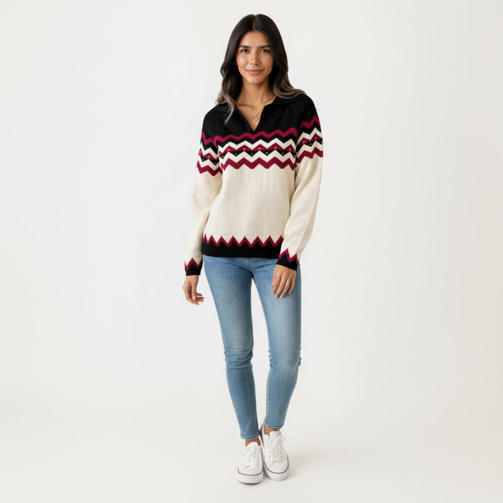 Anna-Kaci Women's Long Sleeve Knit Sweater with Chevron Pattern and Split Collar Detail