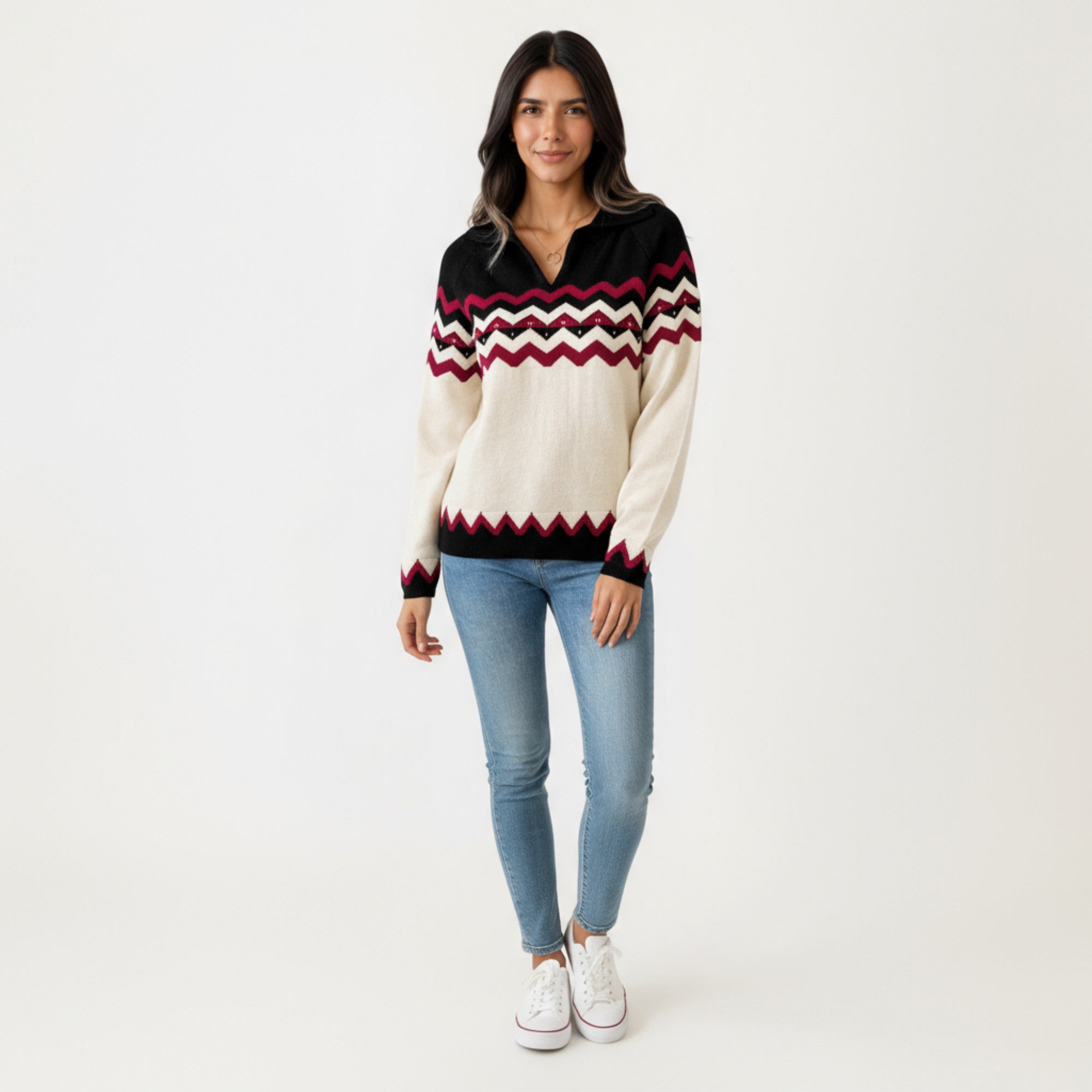 Anna-Kaci Women's Long Sleeve Knit Sweater with Chevron Pattern and Split Collar Detail