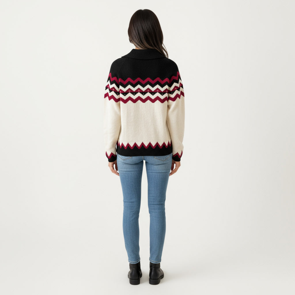 Anna-Kaci Women's Long Sleeve Knit Sweater with Chevron Pattern and Split Collar Detail