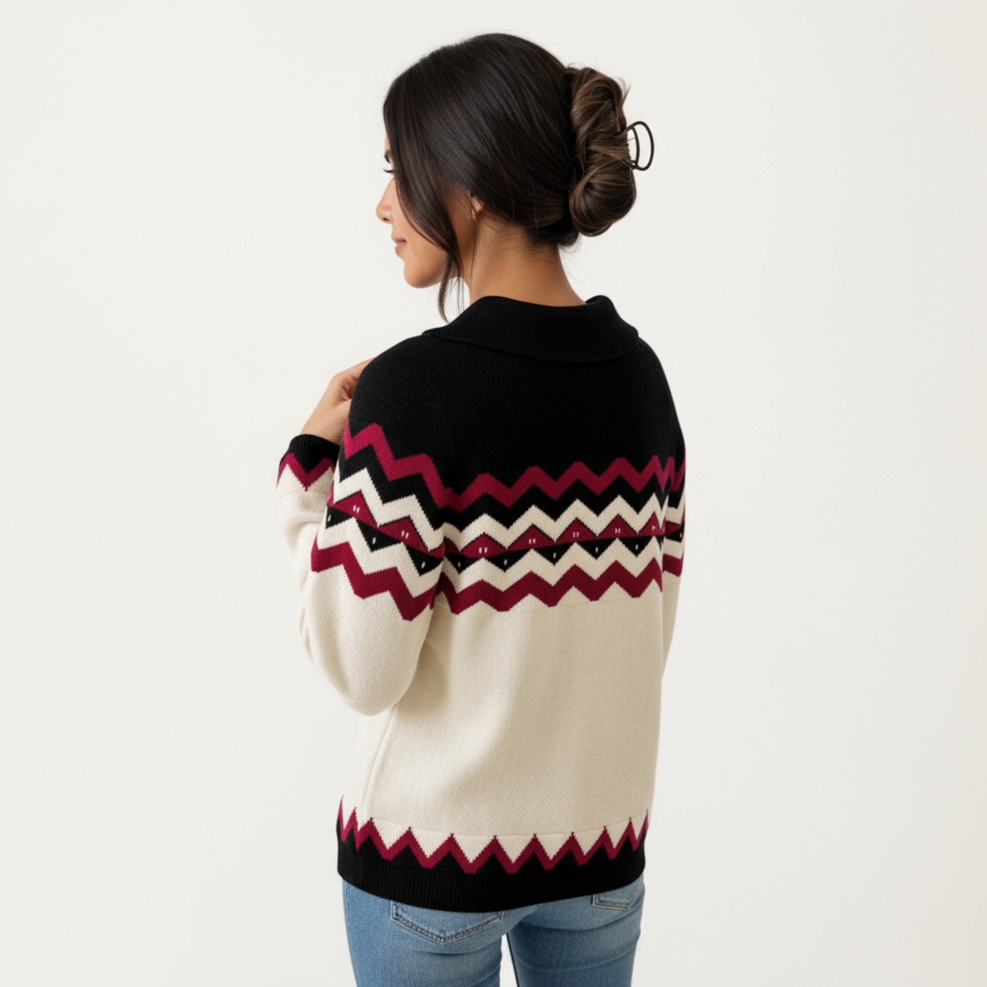 Anna-Kaci Women's Long Sleeve Knit Sweater with Chevron Pattern and Split Collar Detail