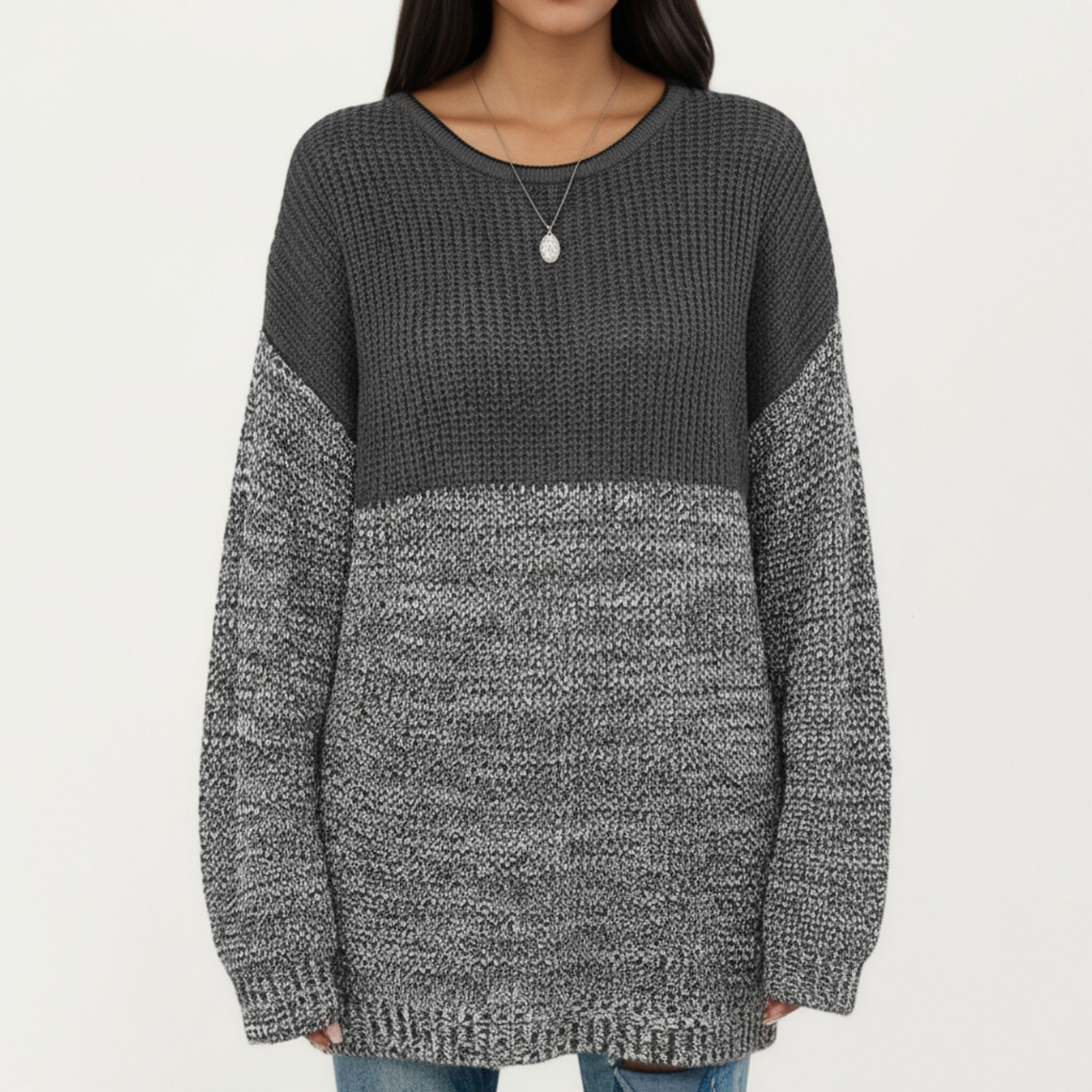 Anna-Kaci Women's Long Sleeve Color Block Knit Sweater with Textured Waffle and Marled Stitch Design