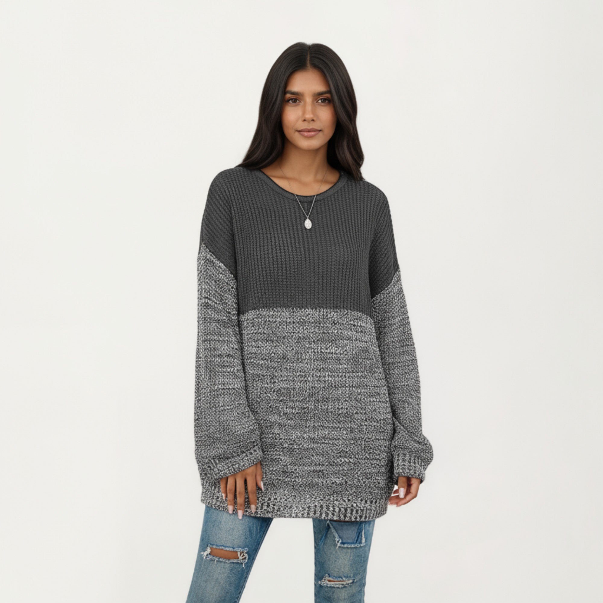 Anna-Kaci Women's Long Sleeve Color Block Knit Sweater with Textured Waffle and Marled Stitch Design