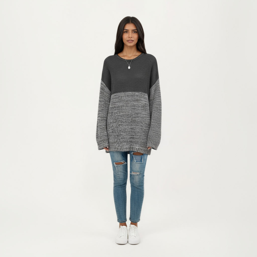 Anna-Kaci Women's Long Sleeve Color Block Knit Sweater with Textured Waffle and Marled Stitch Design
