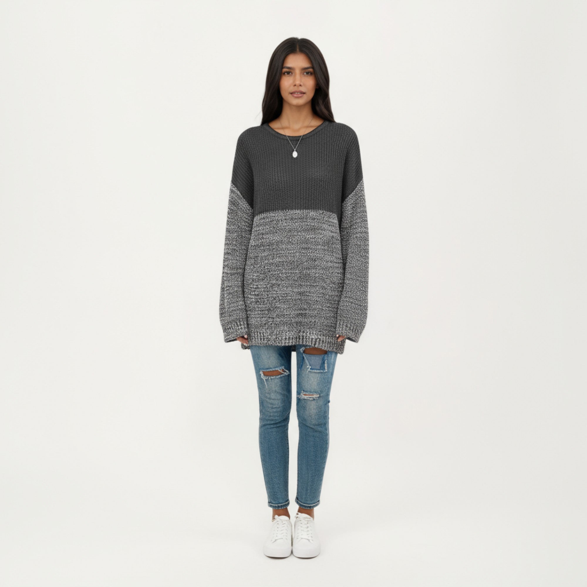 Anna-Kaci Women's Long Sleeve Color Block Knit Sweater with Textured Waffle and Marled Stitch Design