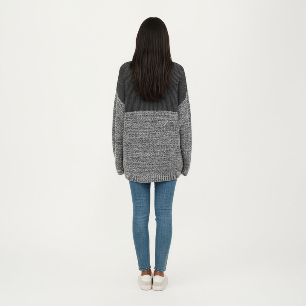 Anna-Kaci Women's Long Sleeve Color Block Knit Sweater with Textured Waffle and Marled Stitch Design