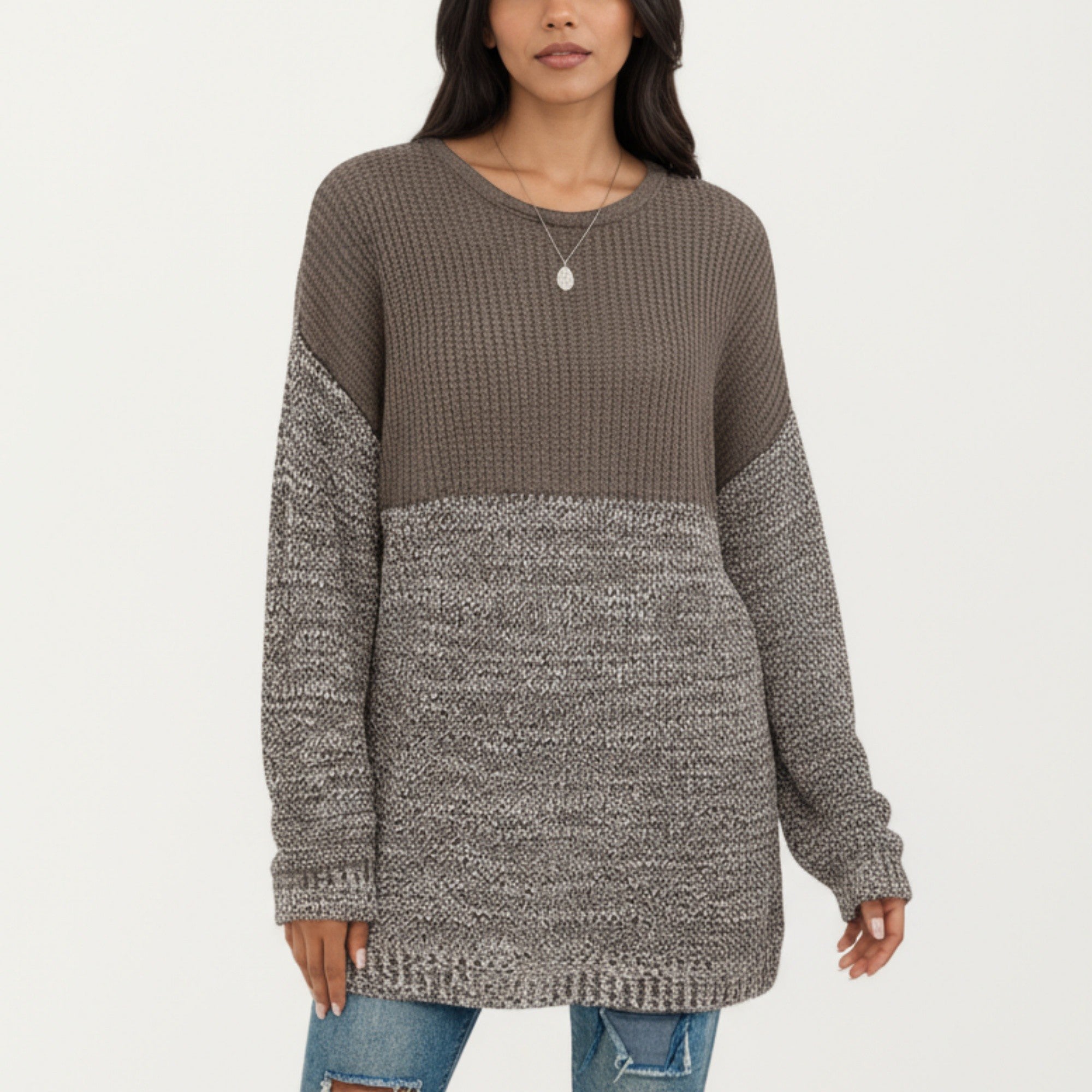 Anna-Kaci Women's Long Sleeve Color Block Knit Sweater with Textured Waffle and Marled Stitch Design