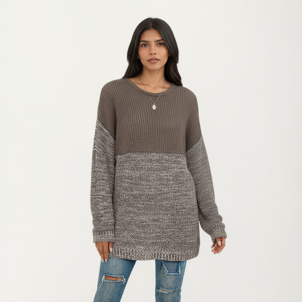Anna-Kaci Women's Long Sleeve Color Block Knit Sweater with Textured Waffle and Marled Stitch Design