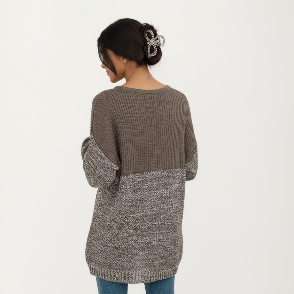 Anna-Kaci Women's Long Sleeve Color Block Knit Sweater with Textured Waffle and Marled Stitch Design