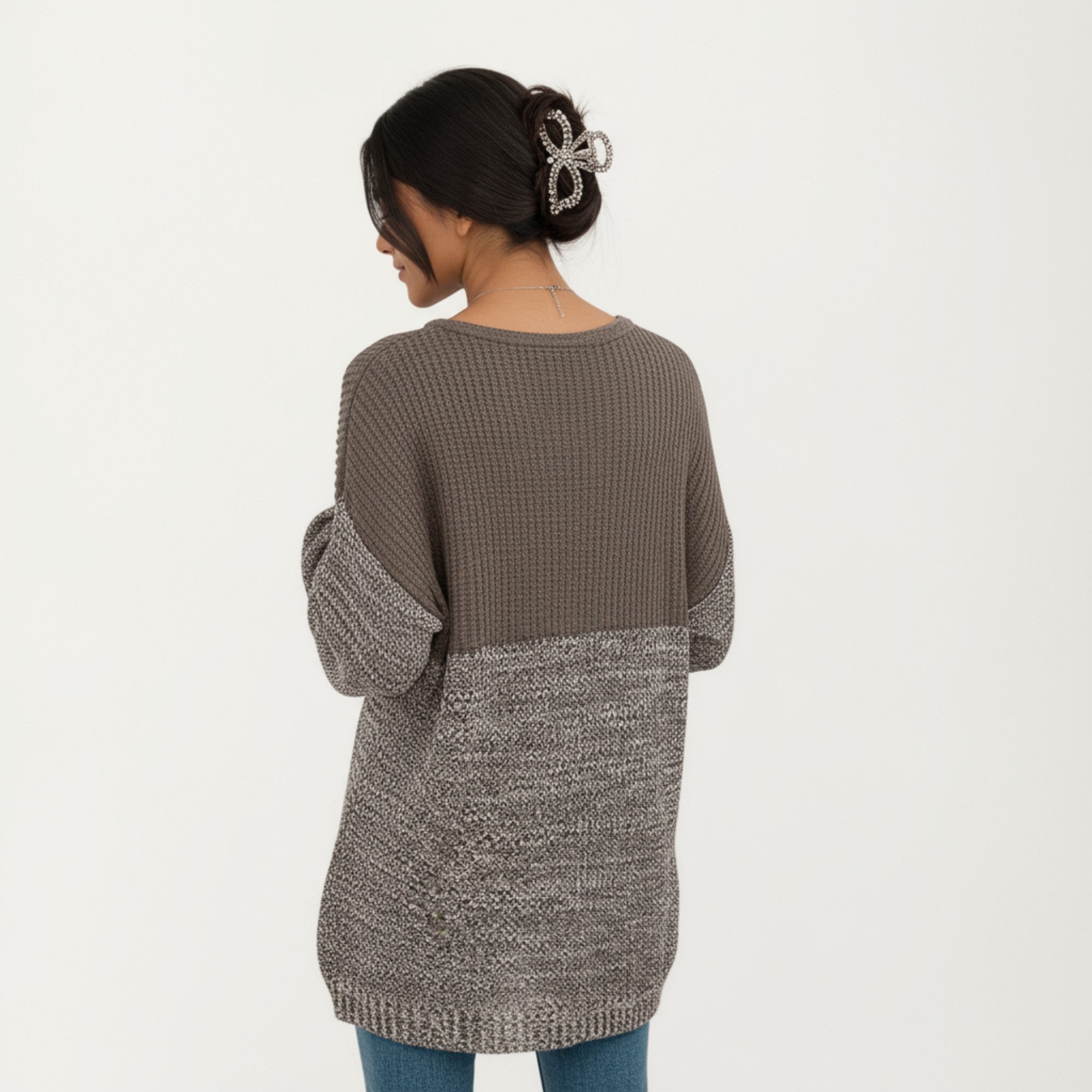 Anna-Kaci Women's Long Sleeve Color Block Knit Sweater with Textured Waffle and Marled Stitch Design