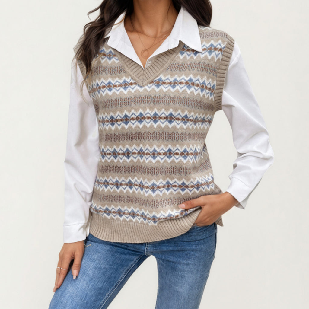 Anna-Kaci Women's Sleeveless V-Neck Knit Sweater Vest with Geometric Pattern Design