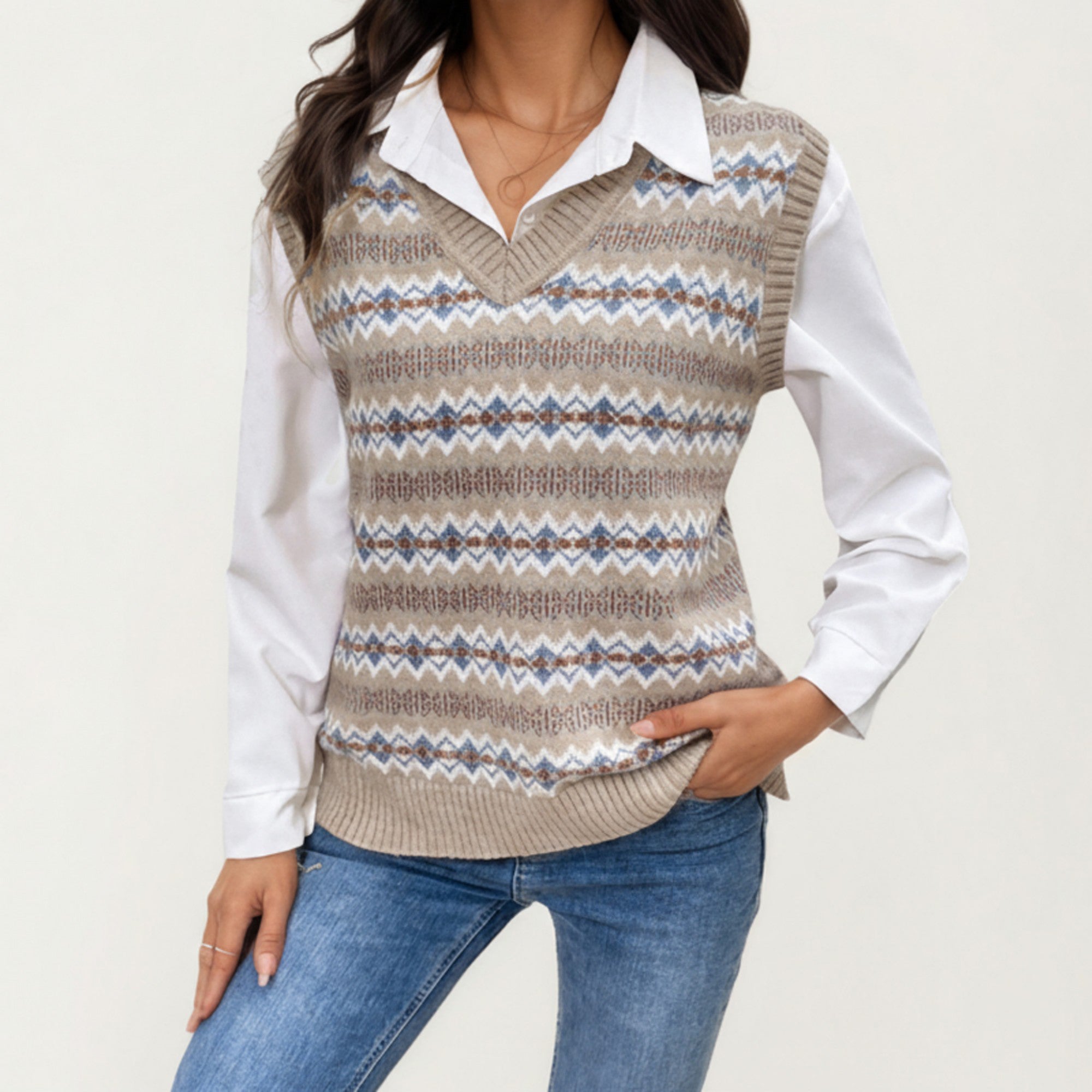 Anna-Kaci Women's Sleeveless V-Neck Knit Sweater Vest with Geometric Pattern Design