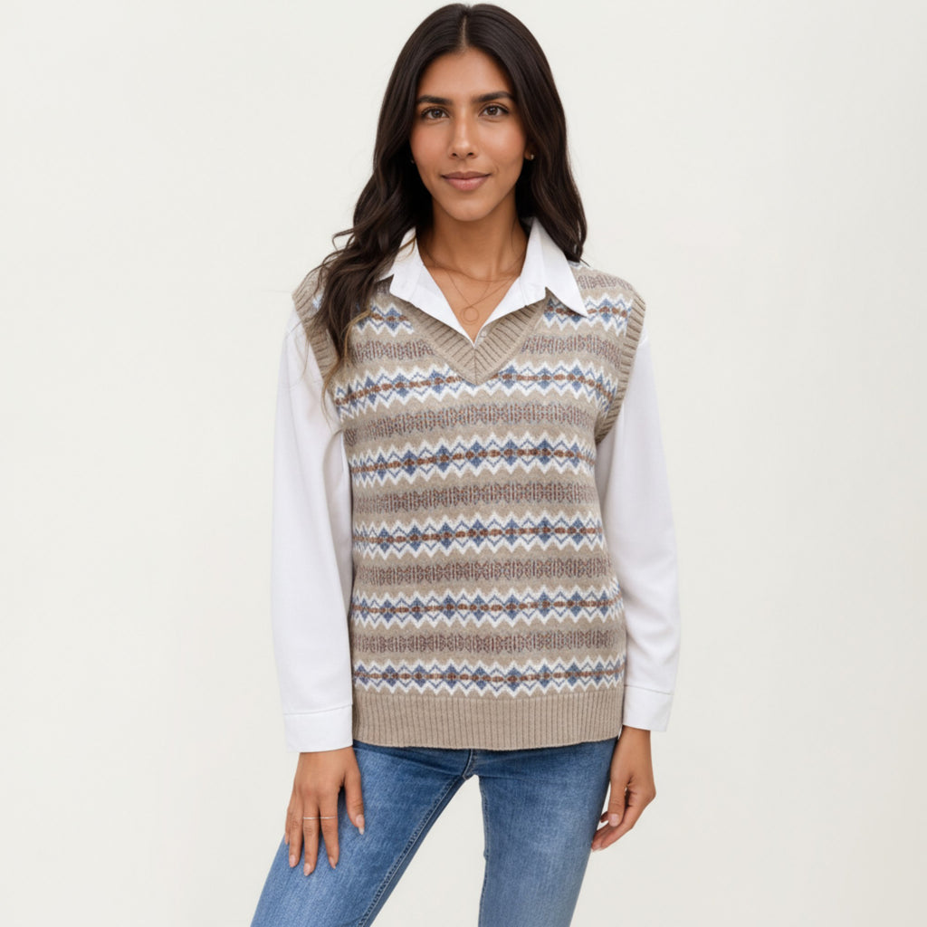 Anna-Kaci Women's Sleeveless V-Neck Knit Sweater Vest with Geometric Pattern Design