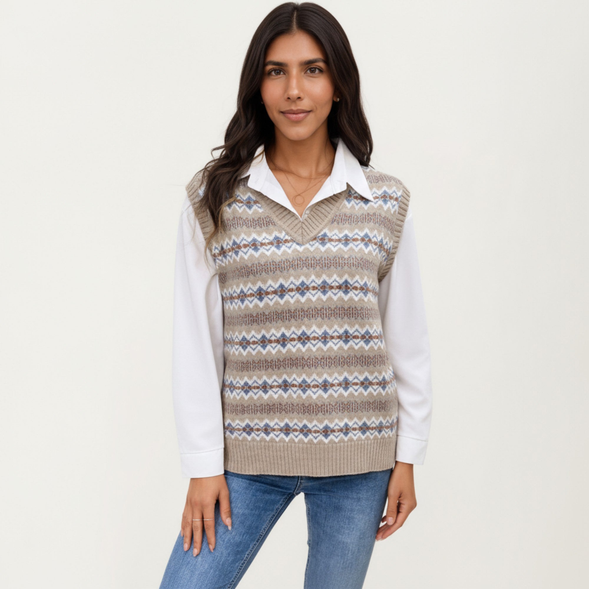 Anna-Kaci Women's Sleeveless V-Neck Knit Sweater Vest with Geometric Pattern Design