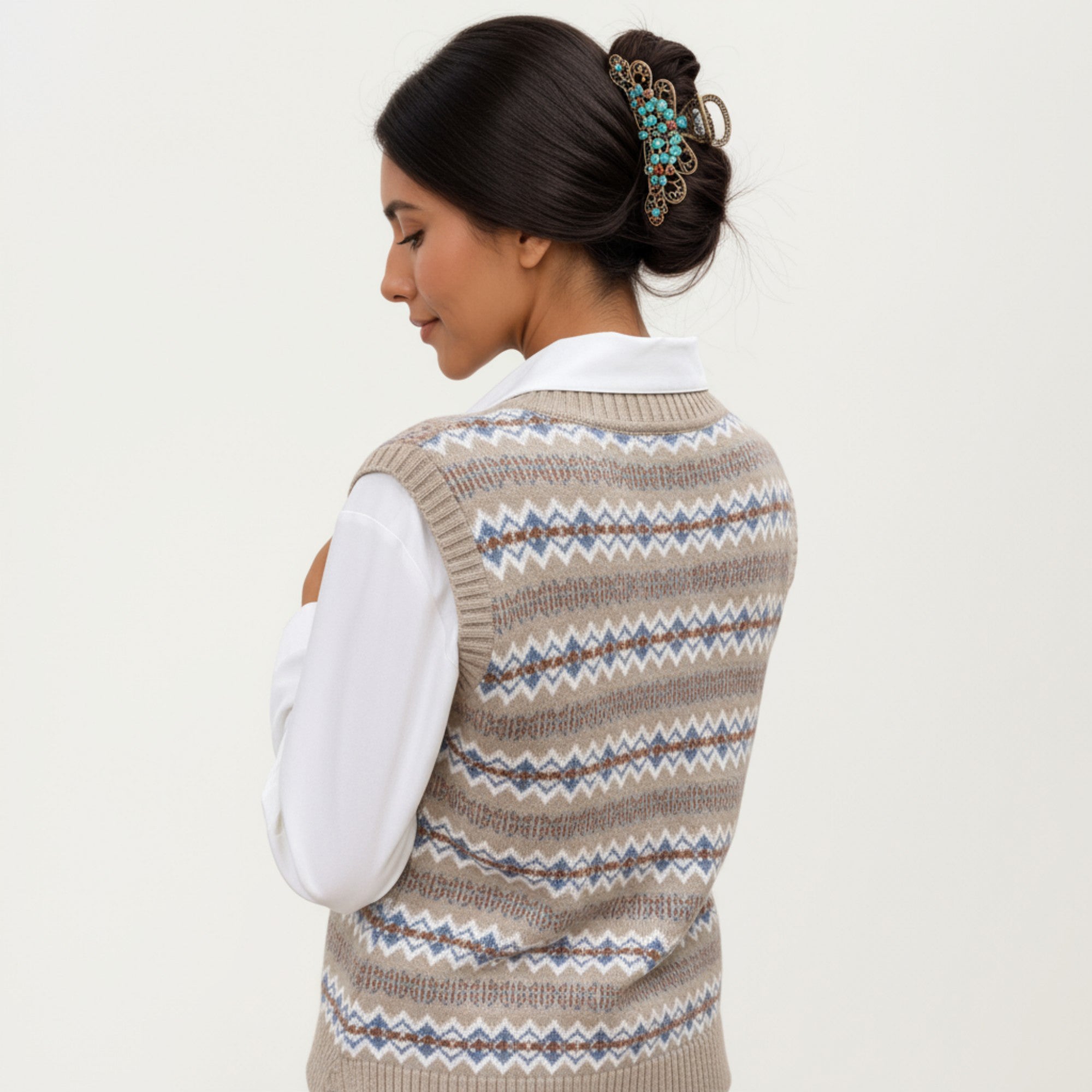 Anna-Kaci Women's Sleeveless V-Neck Knit Sweater Vest with Geometric Pattern Design
